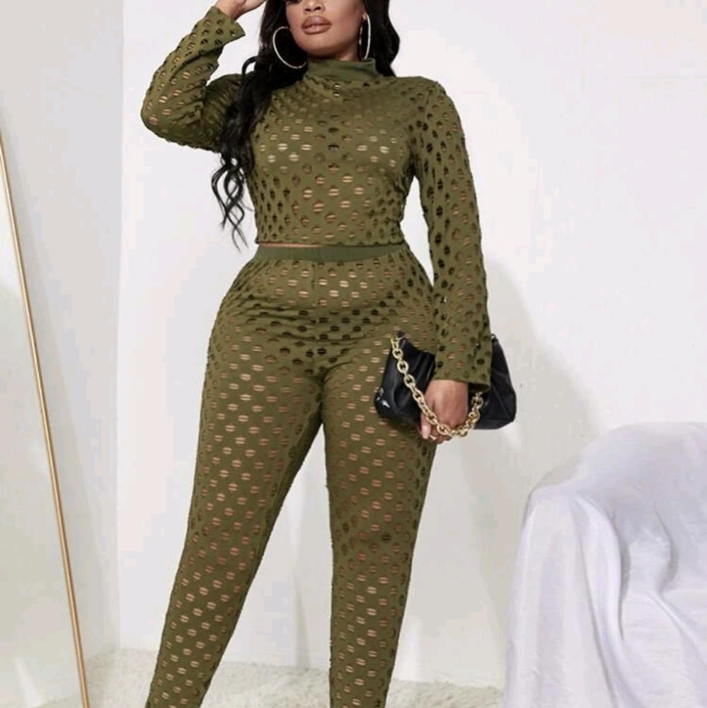 Olive Two-Piece Mesh Knit Set - Women Other